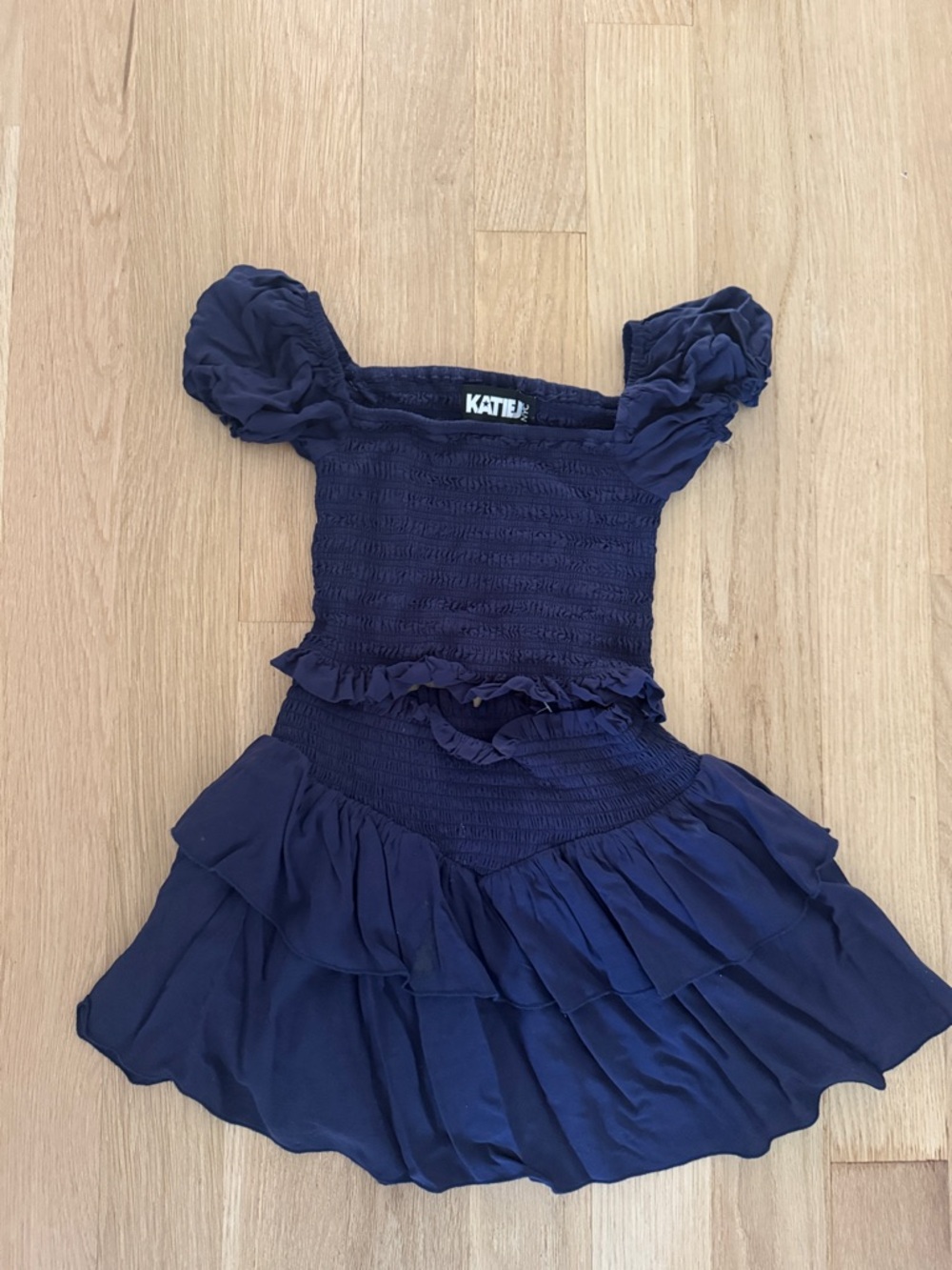 Katie J Navy Girls 2 Piece Med Top Large Skirt Ruffle Smocked Set